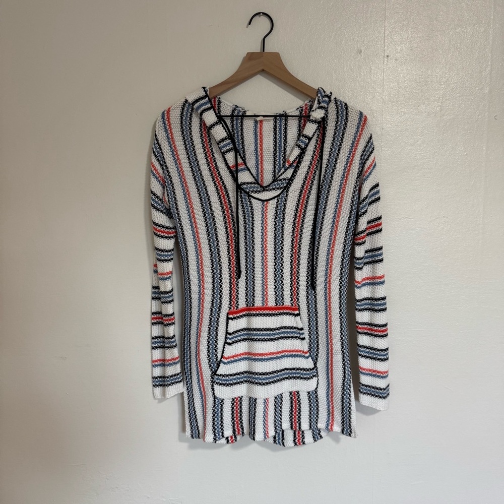 Two by Vince Camuto Striped Knit Hoodie Sweater Red White Blue XS